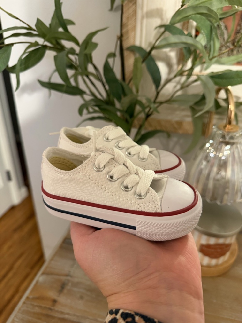 Converse Toddler White Canvas Sneakers with Red and Navy Trim